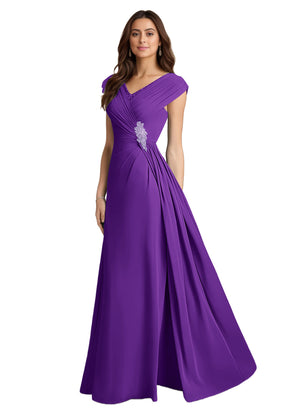 A-line V-Neck Floor-Length Chiffon Mother of the Bride Dress With Pleated Sequins