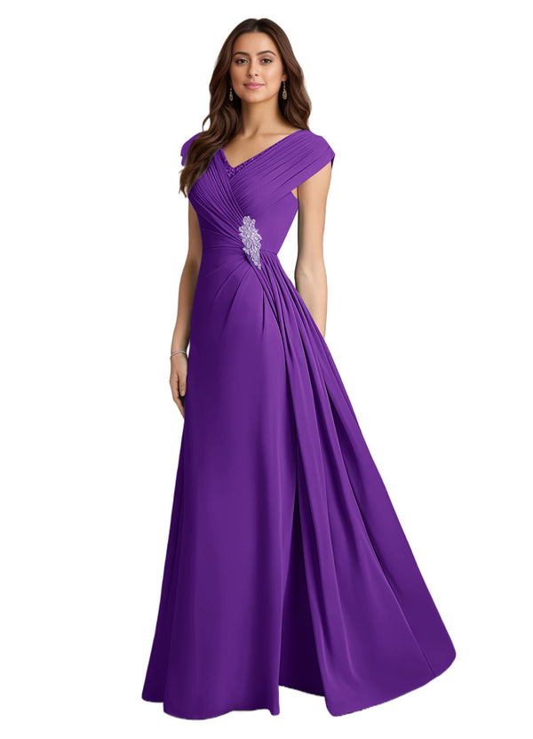 A-line V-Neck Floor-Length Chiffon Mother of the Bride Dress With Pleated Sequins