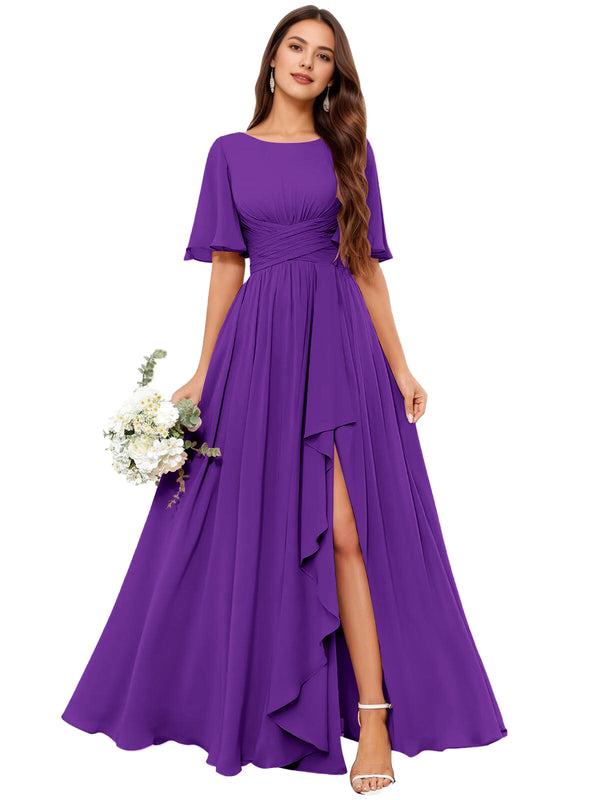 A-line Scoop Floor-Length Chiffon Bridesmaid Dress With Slit