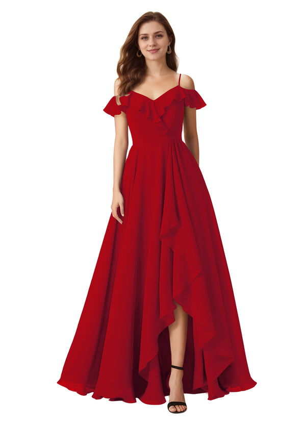 A-line Cold Shoulder Floor-Length Chiffon Bridesmaid Dress With Ruffle