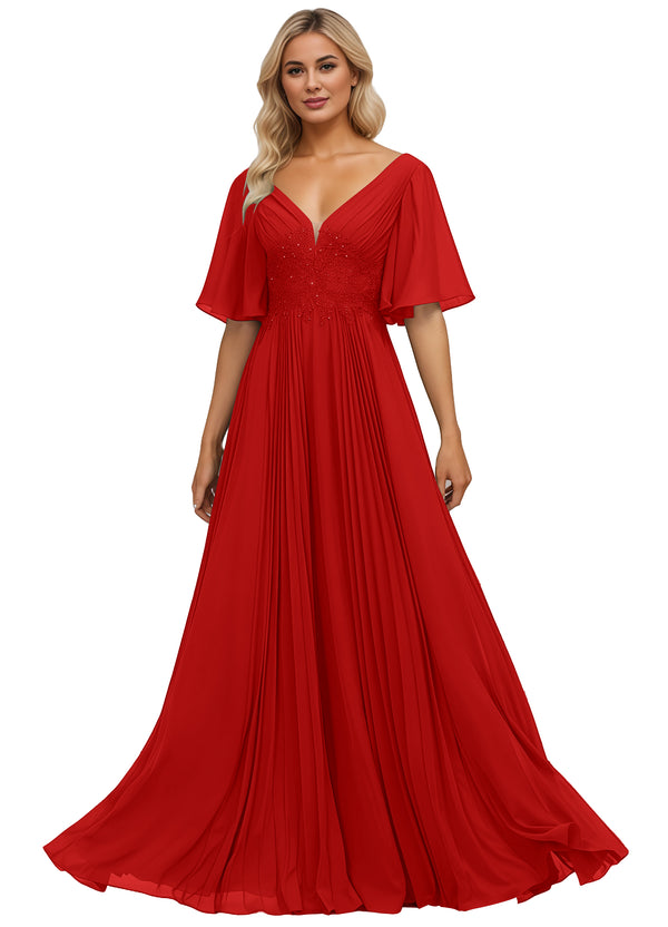 A-line V-Neck Floor-Length Chiffon Mother of the Bride Dress With Sequins Appliques Lace Pleated