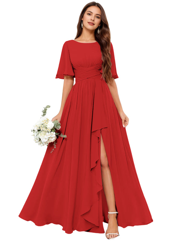 A-line Scoop Floor-Length Chiffon Bridesmaid Dress With Slit