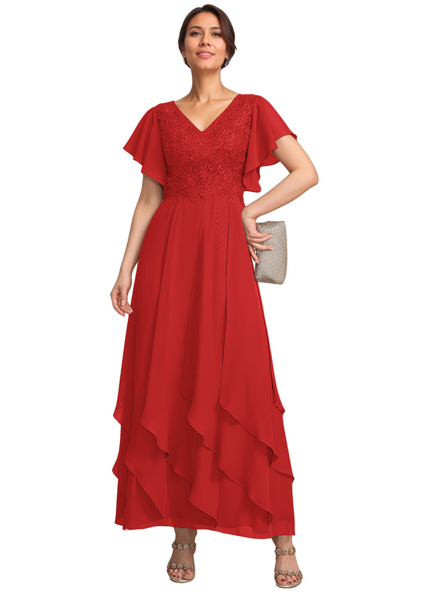 A-line V-Neck Ankle-Length Lace Chiffon Mother of the Bride Dress With Cascading Ruffles