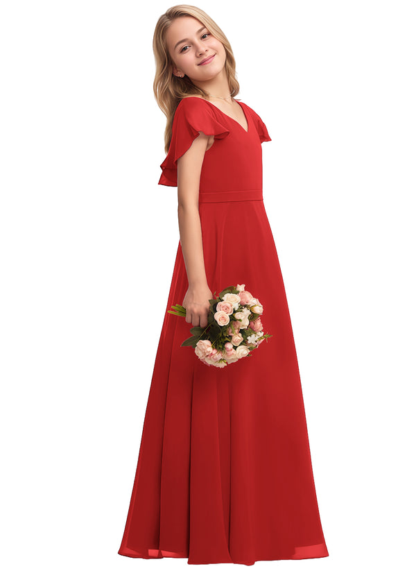 A-line V-Neck Floor-Length Chiffon Junior Bridesmaid Dress
