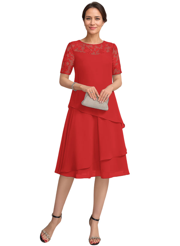 A-line Scoop Illusion Knee-Length Lace Chiffon Mother of the Bride Dress With Sequins