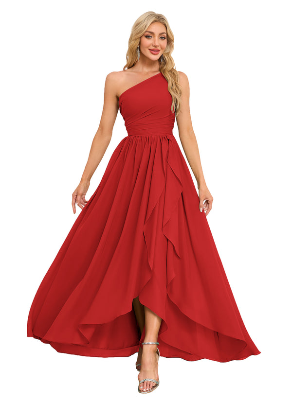 A-line One Shoulder Floor-Length Chiffon Bridesmaid Dress With Ruffle
