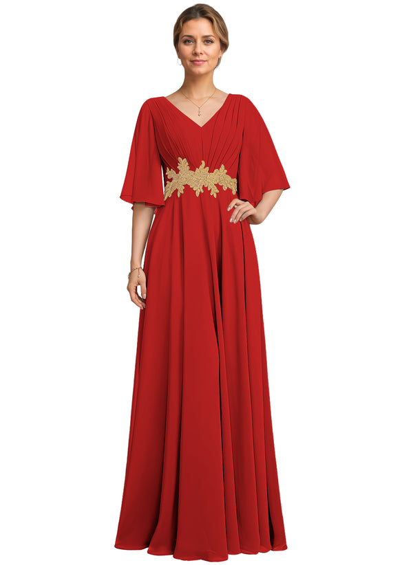 A-line V-Neck Floor-Length Chiffon Lace Mother of the Bride Dress With Sequins Beading