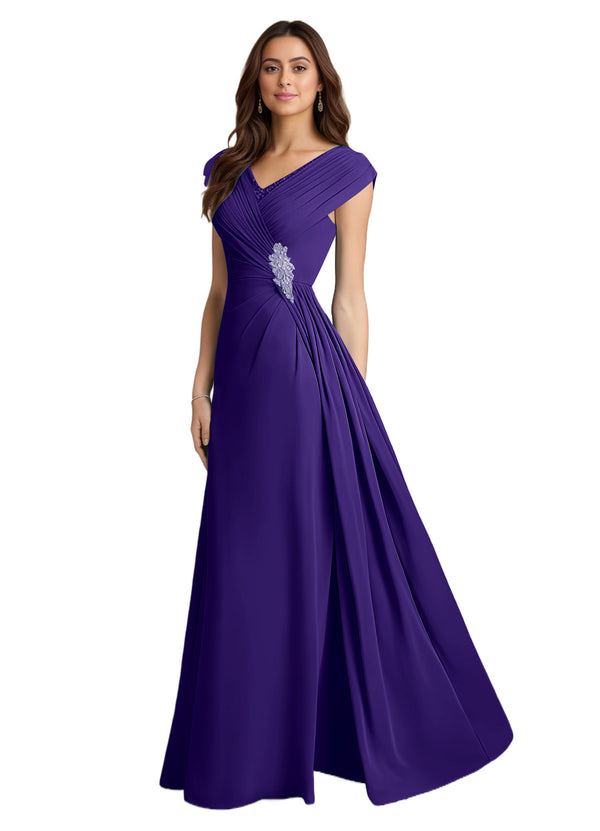 A-line V-Neck Floor-Length Chiffon Mother of the Bride Dress With Pleated Sequins
