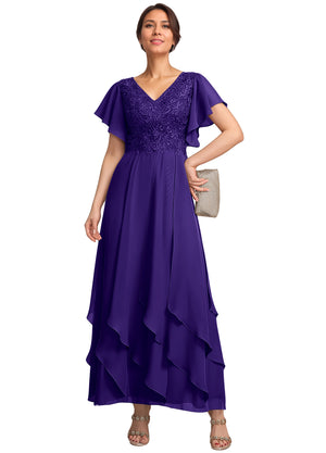 A-line V-Neck Ankle-Length Lace Chiffon Mother of the Bride Dress With Cascading Ruffles