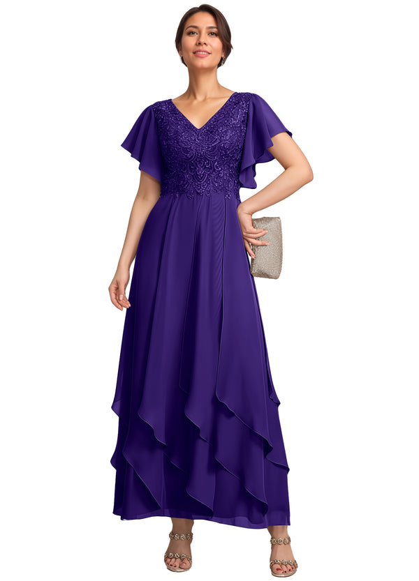 A-line V-Neck Ankle-Length Lace Chiffon Mother of the Bride Dress With Cascading Ruffles