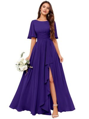 A-line Scoop Floor-Length Chiffon Bridesmaid Dress With Slit