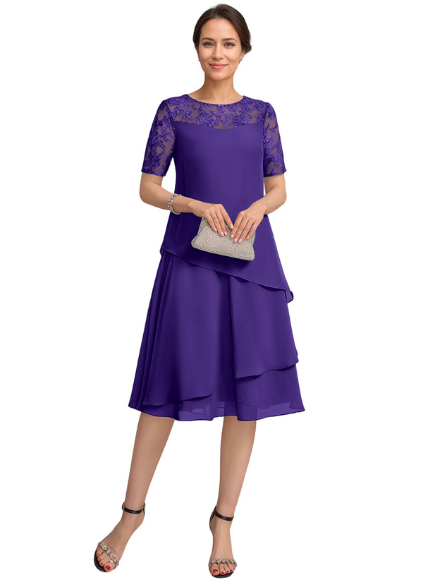 A-line Scoop Illusion Knee-Length Lace Chiffon Mother of the Bride Dress With Sequins