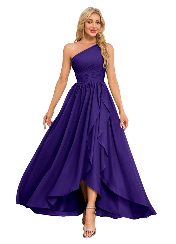 A-line One Shoulder Floor-Length Chiffon Bridesmaid Dress With Ruffle