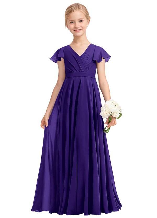 A-line V-Neck Floor-Length Chiffon Junior Bridesmaid Dress