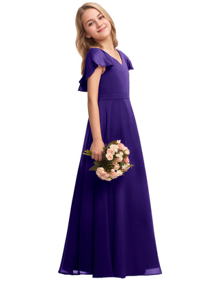 A-line V-Neck Floor-Length Chiffon Junior Bridesmaid Dress