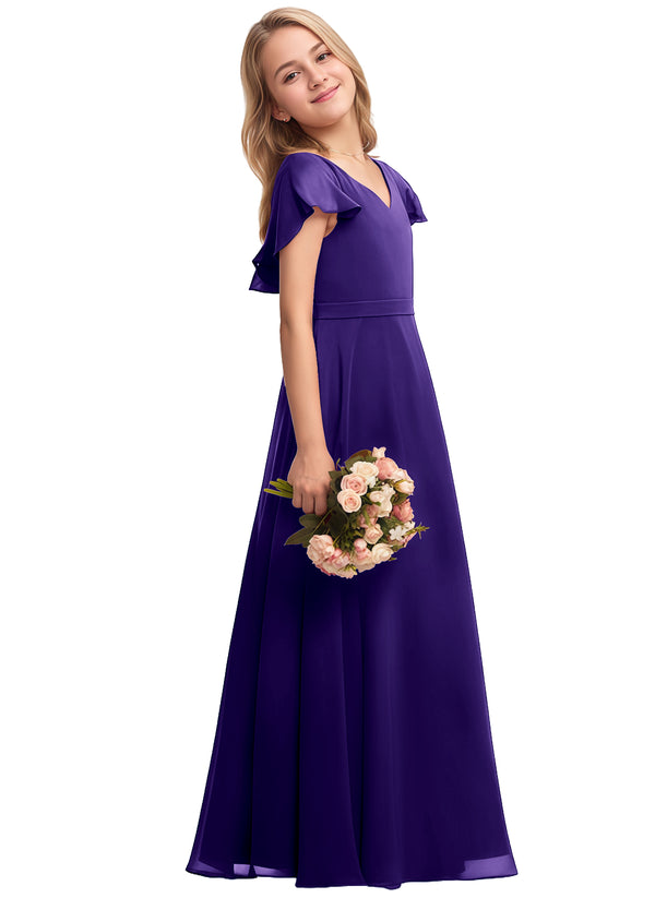A-line V-Neck Floor-Length Chiffon Junior Bridesmaid Dress