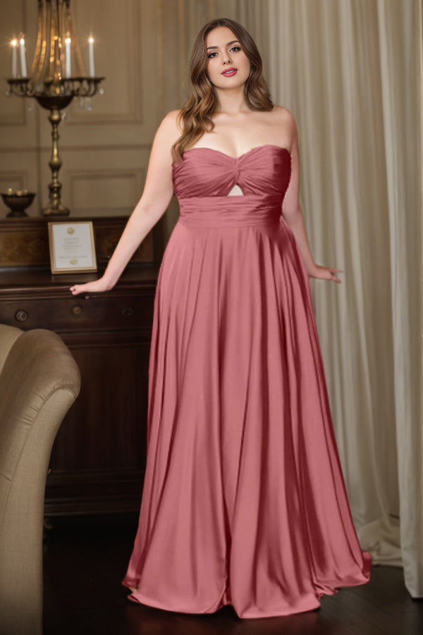 A-line Strapless Floor-Length Satin Prom Dresses