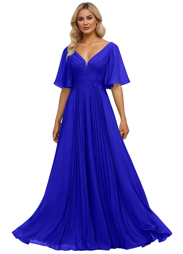 A-line V-Neck Floor-Length Chiffon Mother of the Bride Dress With Sequins Appliques Lace Pleated