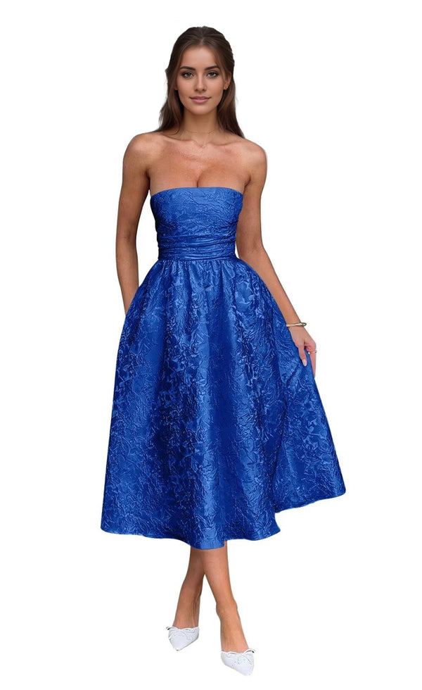 A-Line Strapless Tea-Length Jacquard Prom Dresses