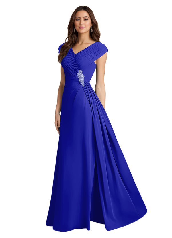 A-line V-Neck Floor-Length Chiffon Mother of the Bride Dress With Pleated Sequins