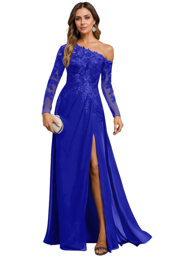 Trumpet/Mermaid Asymmetrical Illusion Floor-Length Lace Chiffon Evening Dress With Sequins