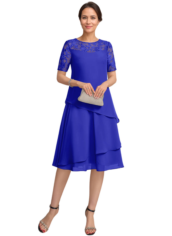 A-line Scoop Illusion Knee-Length Lace Chiffon Mother of the Bride Dress With Sequins