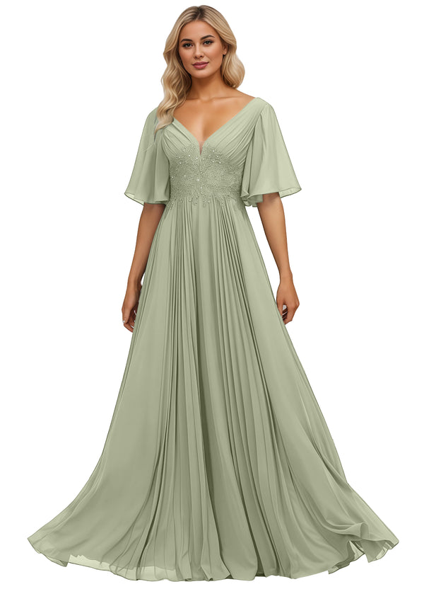 A-line V-Neck Floor-Length Chiffon Mother of the Bride Dress With Sequins Appliques Lace Pleated