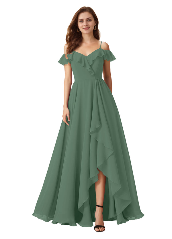 A-line Cold Shoulder Floor-Length Chiffon Bridesmaid Dress With Ruffle