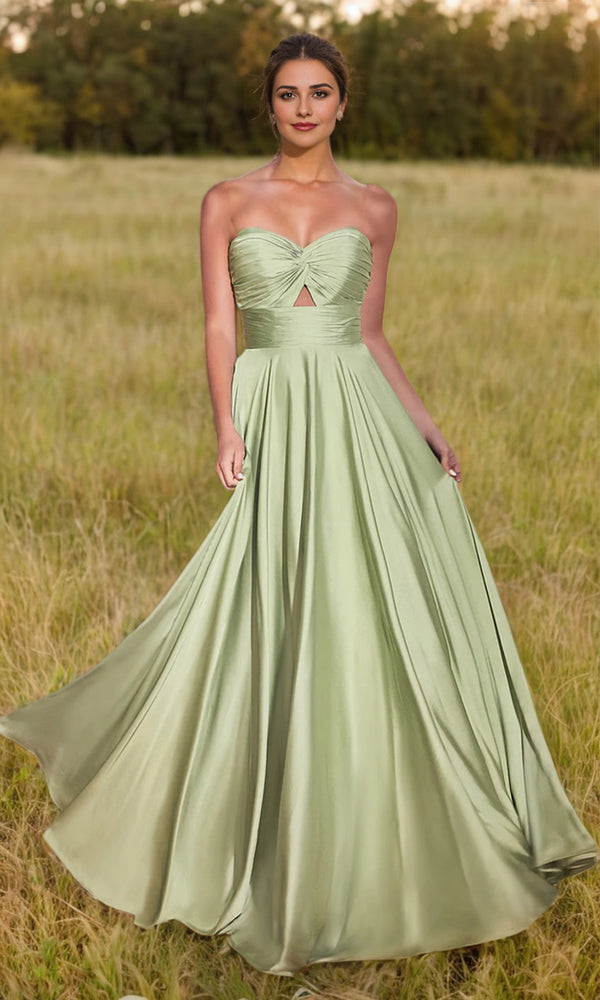 A-line Strapless Floor-Length Satin Prom Dresses