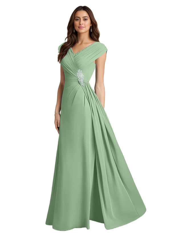 A-line V-Neck Floor-Length Chiffon Mother of the Bride Dress With Pleated Sequins