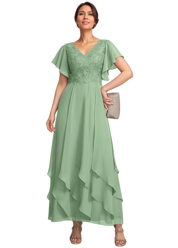 A-line V-Neck Ankle-Length Lace Chiffon Mother of the Bride Dress With Cascading Ruffles