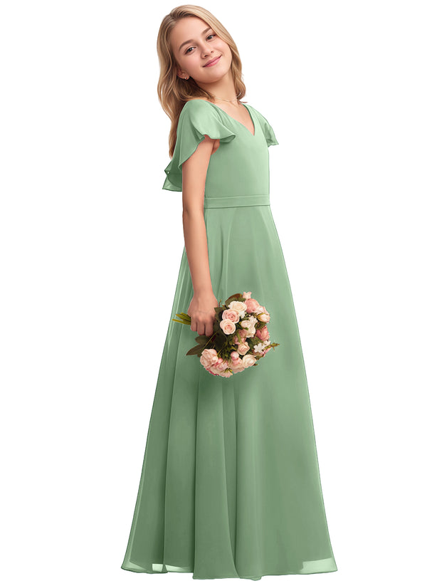 A-line V-Neck Floor-Length Chiffon Junior Bridesmaid Dress
