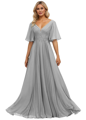 A-line V-Neck Floor-Length Chiffon Mother of the Bride Dress With Sequins Appliques Lace Pleated
