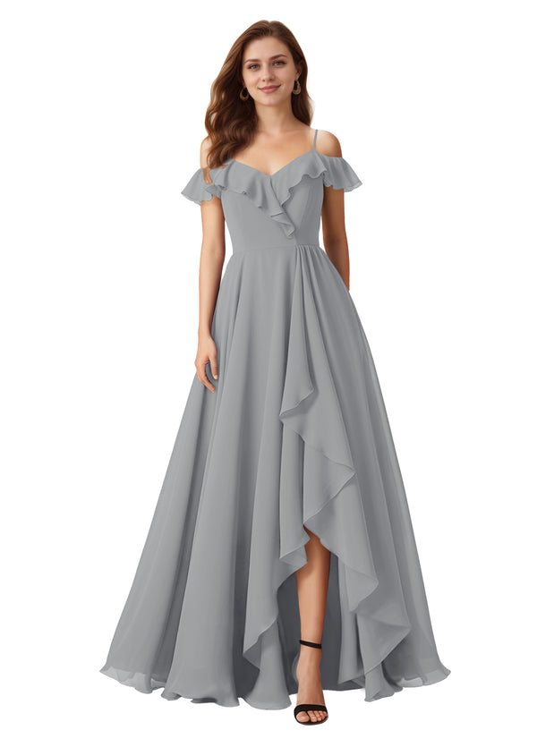 A-line Cold Shoulder Floor-Length Chiffon Bridesmaid Dress With Ruffle