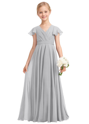 A-line V-Neck Floor-Length Chiffon Junior Bridesmaid Dress