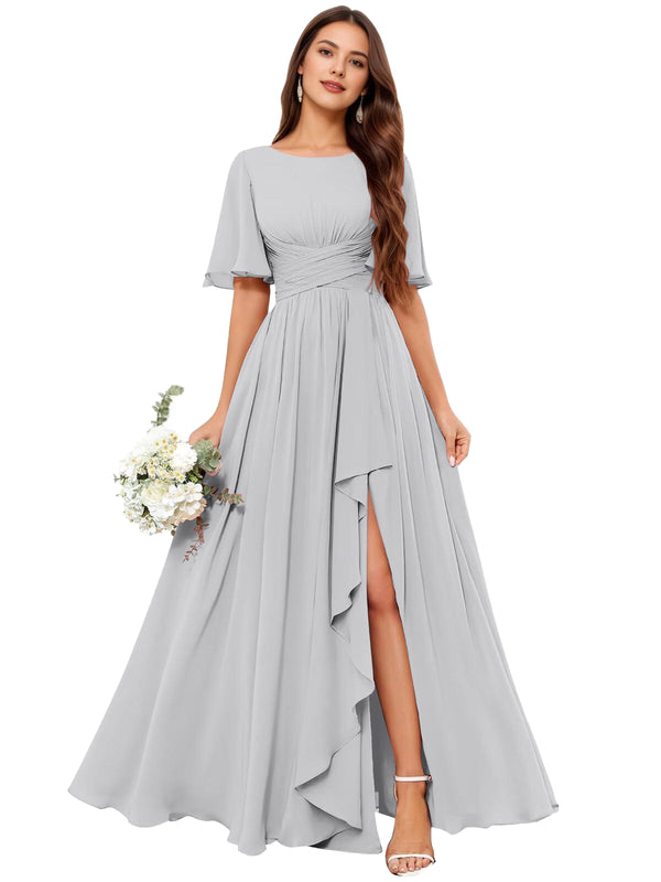 A-line Scoop Floor-Length Chiffon Bridesmaid Dress With Slit