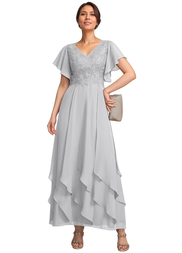 A-line V-Neck Ankle-Length Lace Chiffon Mother of the Bride Dress With Cascading Ruffles