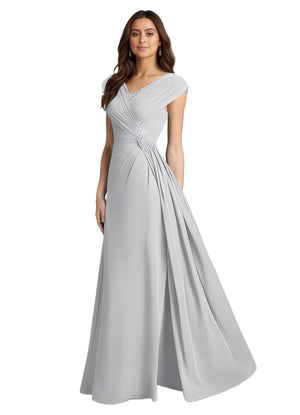 A-line V-Neck Floor-Length Chiffon Mother of the Bride Dress With Pleated Sequins