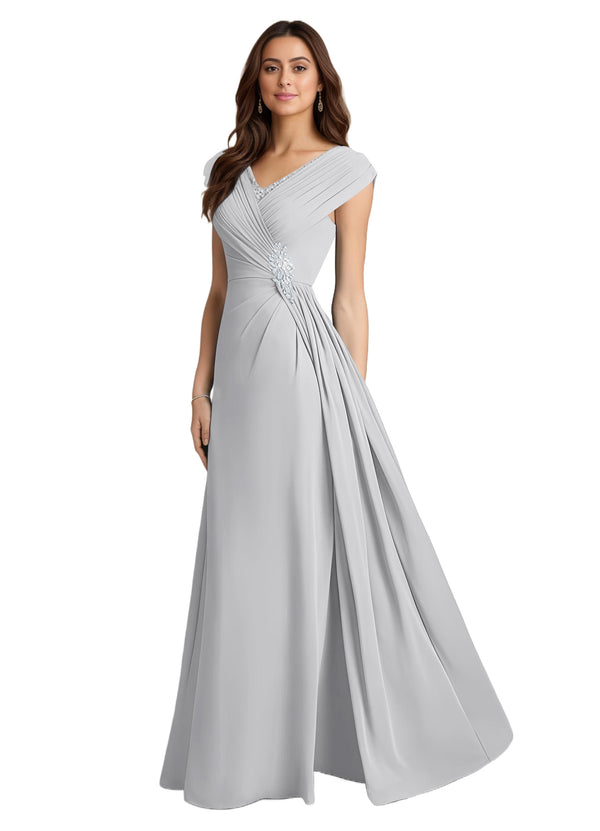 A-line V-Neck Floor-Length Chiffon Mother of the Bride Dress With Pleated Sequins