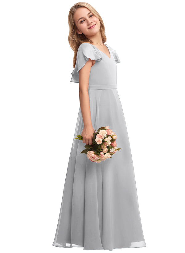 A-line V-Neck Floor-Length Chiffon Junior Bridesmaid Dress
