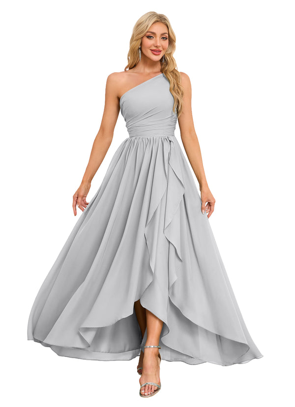 A-line One Shoulder Floor-Length Chiffon Bridesmaid Dress With Ruffle