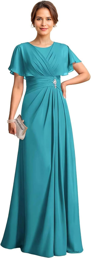 A-line Scoop Floor-Length Chiffon Mother of the Bride Dress With Pleated Beading
