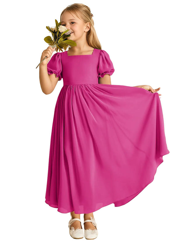 A-line Scoop-Neck Short Sleeves Chiffon Junior Bridesmaid Dress