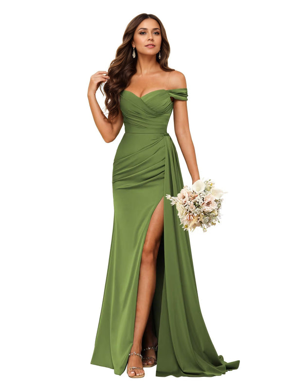 Trumpet/Mermaid Off the Shoulder Sweep Train Satin Prom Dresses