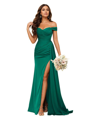 Trumpet/Mermaid Off the Shoulder Sweep Train Satin Prom Dresses