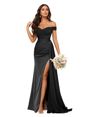 Trumpet/Mermaid Off the Shoulder Sweep Train Satin Prom Dresses