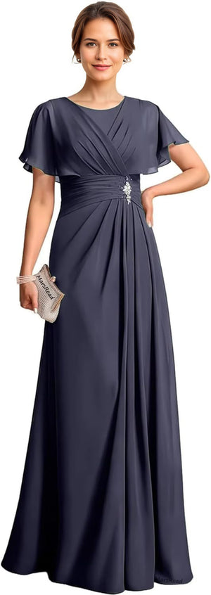 A-line Scoop Floor-Length Chiffon Mother of the Bride Dress With Pleated Beading