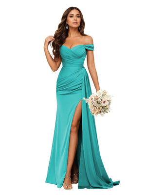 Trumpet/Mermaid Off the Shoulder Sweep Train Satin Prom Dresses