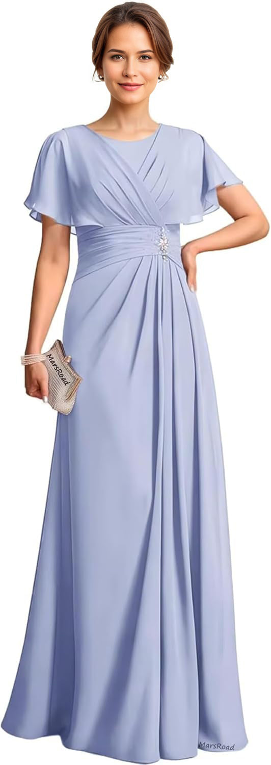 A-line Scoop Floor-Length Chiffon Mother of the Bride Dress With Pleated Beading