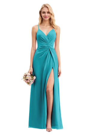 A-line V-Neck Floor-Length Chiffon Bridesmaid Dress With Ruffle